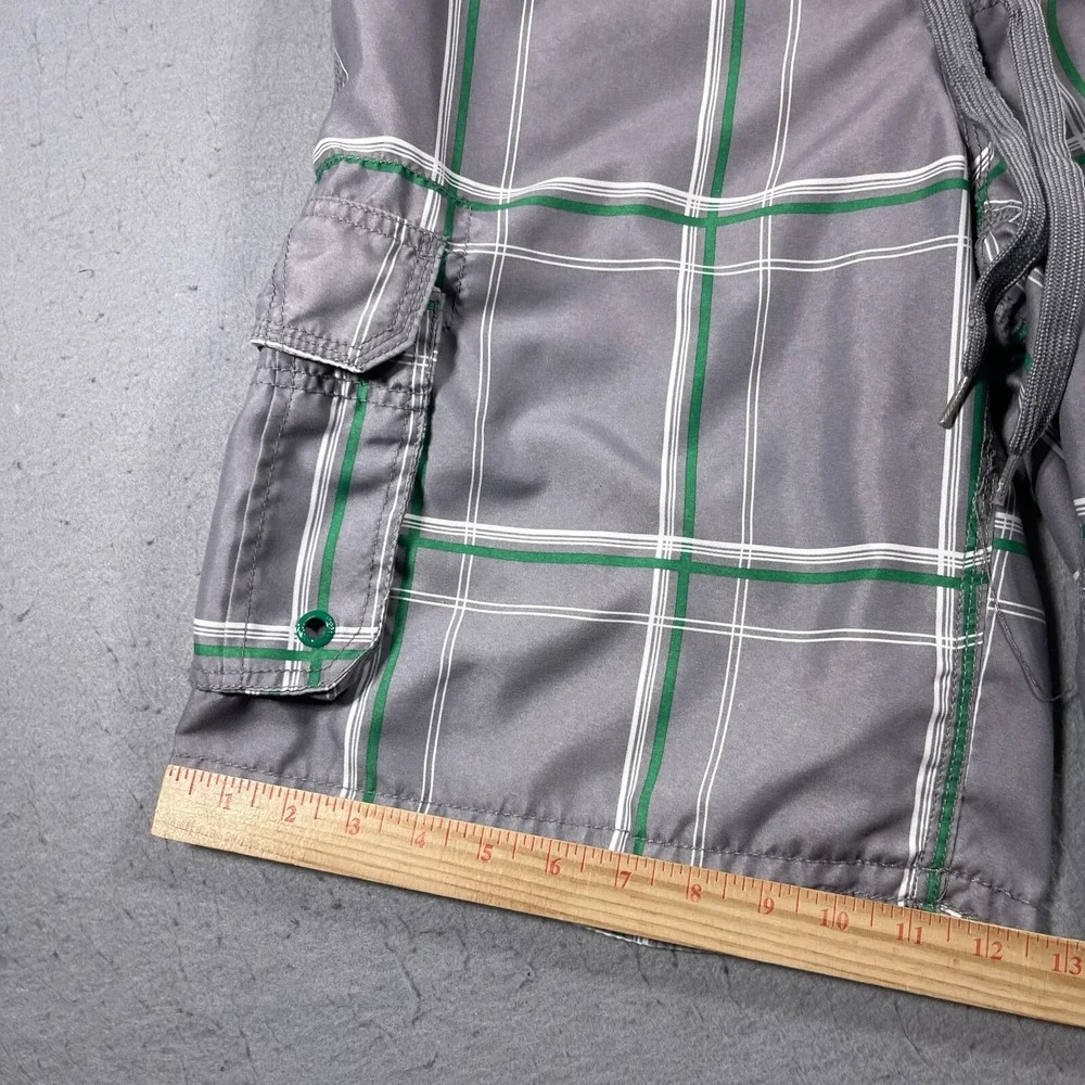 Ocean Pacific Plaid Board Shorts Men Medium Grey Green Cargo Swim Trunks Vintage